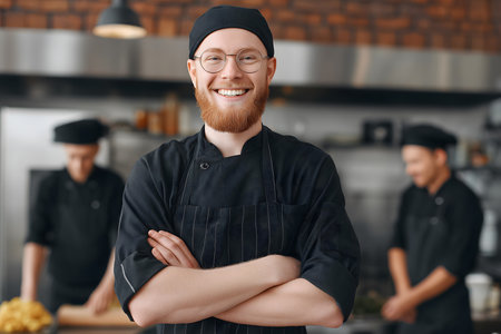 Portrait of a confident chef smiling with crossed arms, his colleagues working in the background, in a professional kitchen environmentの素材
