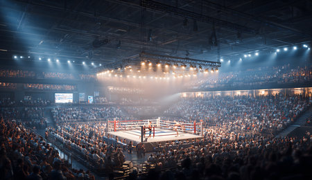 Boxers competing in a fighting ring, surrounded by a large enthusiastic audience in a modern illuminated stadiumの素材
