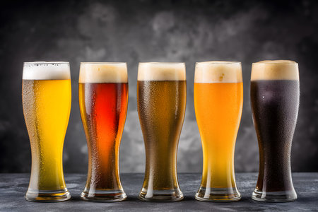 Five glasses presenting different styles of craft beer with condensation, showing color variety and rich foamの素材