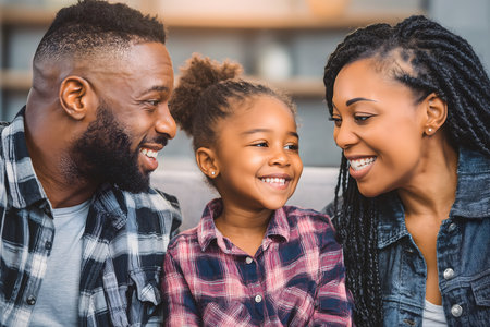 African American parents and daughter smiling and laughing, expressing happiness, love, and togetherness during family timeの素材