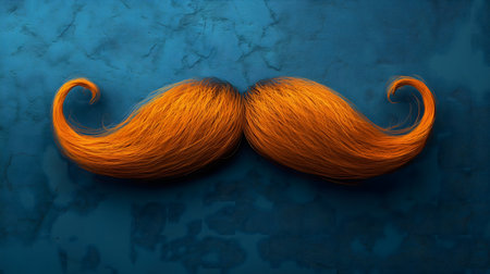 Bright orange mustache with elegant curls against a textured blue background, celebrating Movember themes of style and awareness.の素材