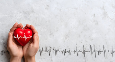 Human hands cradle a red heart with ecg line, symbolizing healthcare, cardiology, protection, love and life supportの素材