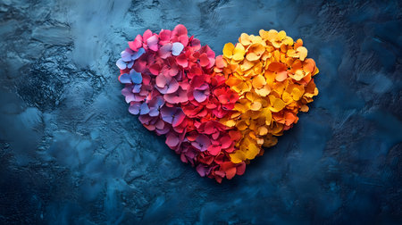 Heart-shaped floral arrangement with vibrant gradient petals of red, pink, orange, and yellow tones on a textured dark blue background, symbolizing love, diversity, and creativity.の素材