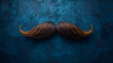 Close-up of a detailed, textured brown mustache with golden highlights on a dark blue textured background, symbolizing masculinity and Movember awareness.の素材