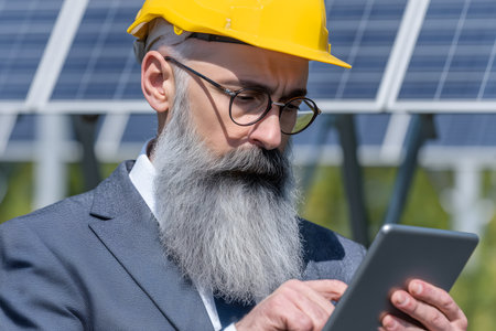 Bearded senior engineer wearing yellow hardhat and suit using tablet, inspecting operation of solar panels in photovoltaic power plantの素材