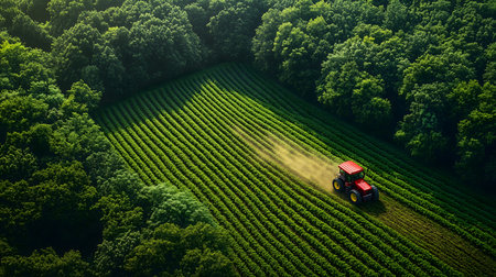 Aerial view of a red tractor working in a neatly aligned green crop field surrounded by dense forest, symbolizing sustainable agriculture and environmental harmony.の素材