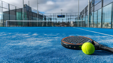 Padel racket and tennis ball resting on a blue outdoor padel court, net and glass walls in backgroundの素材