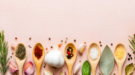 Flat lay of wooden spoons filled with colorful spices, garlic, bay leaves, rosemary and basil, forming a border on a pink background with copy spaceの素材