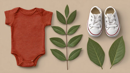 Baby bodysuit, sneakers, and green leaves creating a harmonious flat lay composition on a beige backdropの素材