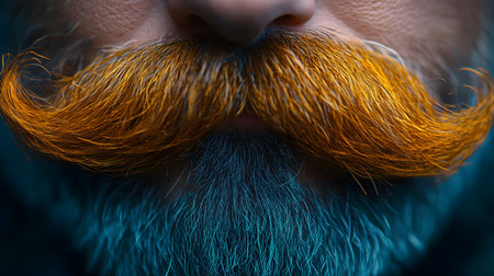 Close-up of a vibrant orange mustache with detailed texture, complemented by a blue-tinted beard, symbolizing Movember and men's health awareness.の素材
