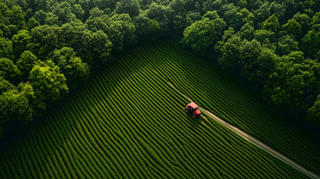 Aerial view of a red tractor working in a lush green field bordered by dense forest, illustrating sustainable farming and agricultural harmony.の素材