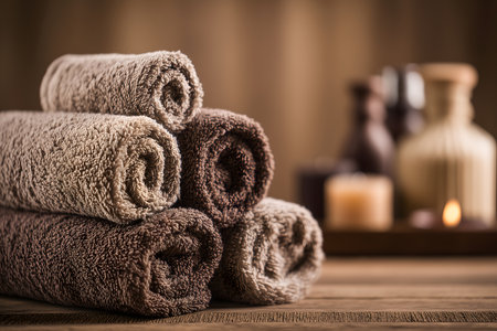 Rolled brown, beige, and taupe towels placed on a wooden surface, creating a calm and pampering spa atmosphereの素材