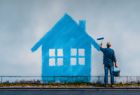 Man painting a blue house shape on a white wall, symbolizing a dream home, new beginning, or real estate aspirationsの素材