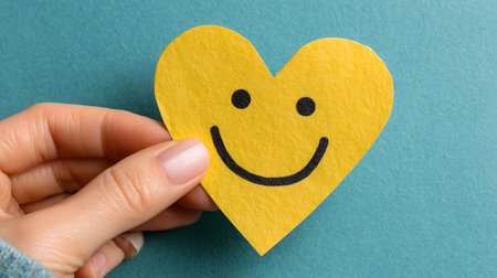 Hand holding a cheerful yellow heart with a smiling face on a blue background, representing happiness and positive emotionの素材