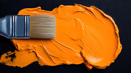 Paintbrush applying orange acrylic paint on black canvas, creating a vibrant and textured artistic strokeの素材