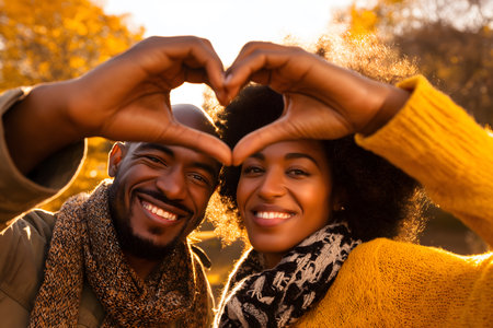 African american couple smiling, making a heart shape with fingers, enjoying autumn sunset. Celebrating love and togethernessの素材
