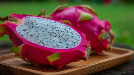Vibrant dragon fruit cut open, revealing its white flesh speckled with black seeds, resting on a wooden tray, showcasing its exotic beautyの素材