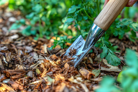 Hand trowel spreading rich mulch across garden beds, enhancing soil health while promoting moisture retention for thriving plantsの素材