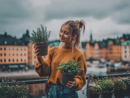 Young woman standing on a balcony, smiling while holding potted rosemary and basil plants, cityscape in backgroundの素材