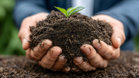 Hands holding fertile soil with a young seedling, symbolizing growth, environmental protection, and sustainable agricultureの素材