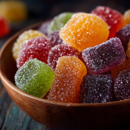 Colorful jelly candies coated in granulated sugar crystals are piled high in a wooden bowl, creating a tempting display of sweetnessの素材
