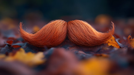 Vivid orange mustache resting atop blurred autumn leaves with rich tones, symbolizing Movember and autumnal awareness.の素材