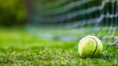 Worn tennis ball lying on vibrant green grass court with blurred net in background, embodying the essence of the sportの素材