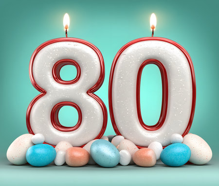 Number eighty burning birthday candles with colorful decorative candies, celebrating an important milestone eventの素材