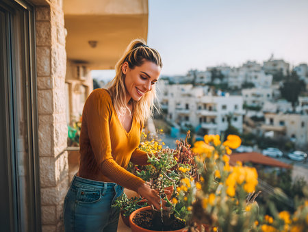 Young woman happily caring for potted plants and flowers on her balcony, enjoying a relaxing urban gardening hobbyの素材