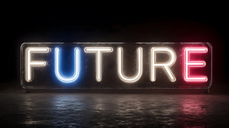 Future word illuminated in neon light, representing progress, innovation, prediction, and possibility on a dark backgroundの素材