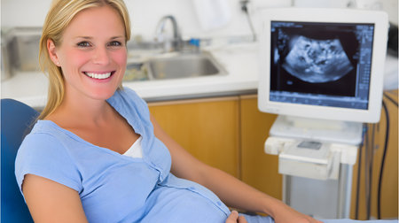 Happy pregnant woman is smiling while looking at her baby's ultrasound scan on a monitor in a medical clinicの素材