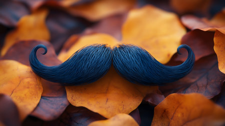 Elegant curled blue mustache lying on vibrant autumn leaves, symbolizing Movember awareness with a seasonal and stylish touch.の素材