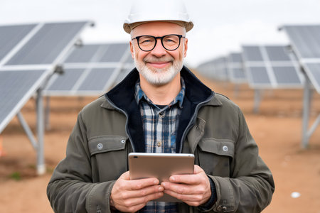 Senior engineer smiling while holding a tablet, inspecting a large solar panel farm and ensuring efficient operation of renewable energy systemsの素材