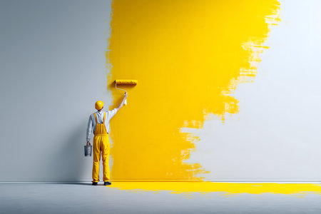 Worker painting a gray wall yellow with a roller, symbolizing renovation, transformation, and improvementの素材