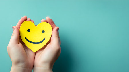 Hands holding a yellow paper heart with a smiling face, symbolizing happiness, care, love, and emotional supportの素材