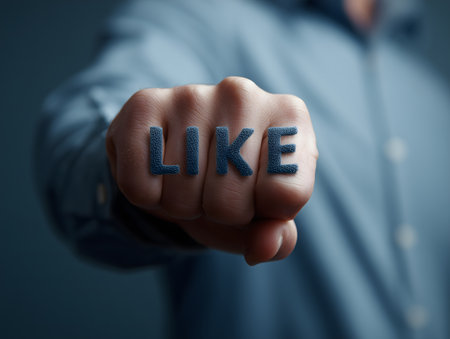 Close-up view of a male fist displaying the word like on knuckles, symbolizing approval and support in a business contextの素材