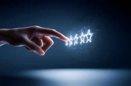 Hand reaching out to touch a five-star rating, increasing with a futuristic graphic set against a dark blue backgroundの素材