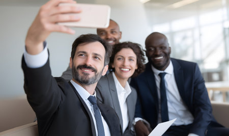 Happy business people smiling, capturing a group selfie together on a smartphone in a modern office environmentの素材