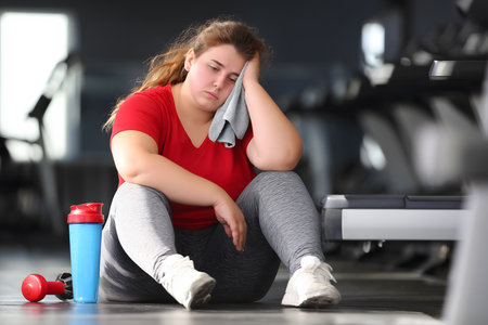 Exhausted plus-size woman sitting on the gym floor, wiping sweat with a towel after a challenging workout, showing determination and resilienceの素材