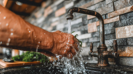 Close-up of chef's hands washing fresh herbs under running water from a vintage faucet in a restaurant kitchen, emphasizing hygiene and food preparationの素材