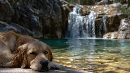 Golden retriever dog relaxing near a beautiful waterfall and natural pool, enjoying a peaceful moment in natureの素材