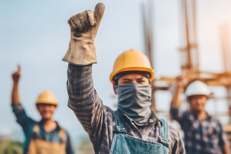 Construction workers wearing protective gear showing thumbs up sign, expressing satisfaction with their work at construction siteの素材