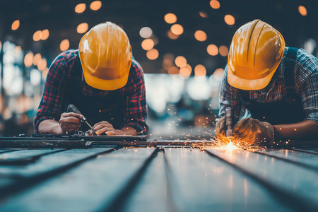 Two industrial workers wearing safety helmets are welding and assembling metal parts in a factory, showcasing teamwork and skilled laborの素材