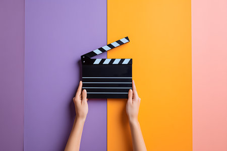 Female hands holding a clapperboard on a vibrant purple and orange background, signaling the start of a movie or video projectの素材
