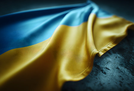 Ukrainian flag gently waving on a dark background, representing the nation, patriotism, freedom, and independenceの素材