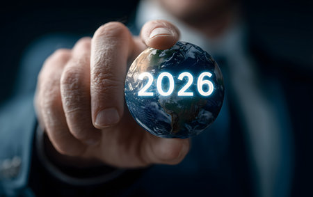 Businessman's hand holding a glowing mini earth globe, displaying the year 2026, representing future, new year goals, and global visionの素材