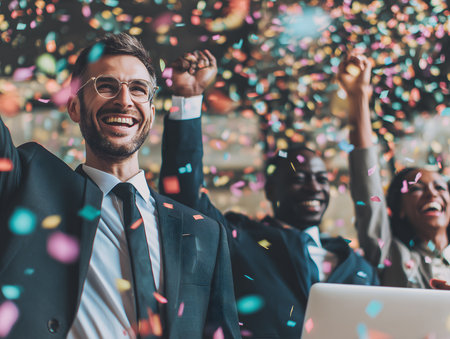 Business professionals celebrating a victory or achievement with arms raised and wide smiles, enjoying falling confettiの素材