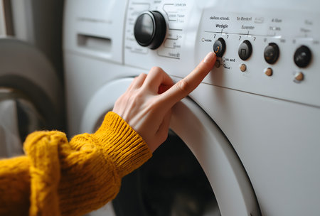 Person's hand pressing a button on a washing machine control panel, selecting a program for doing laundryの素材