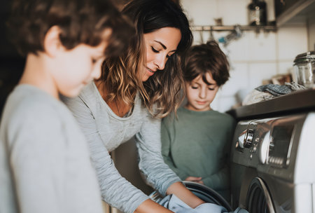 Mother and young sons doing laundry together, loading clothes into a washing machine, performing household chores as a familyの素材