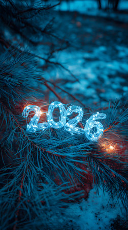 Luminous text forming 2026 resting on dark blue pine branches with glowing light accents, celebrating winter holidaysの素材